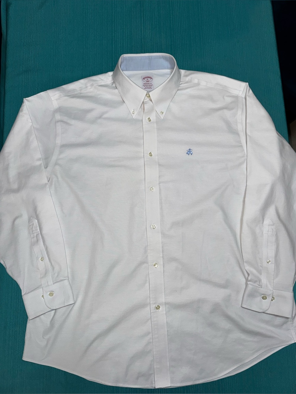 Brooks Brothers White Button-Down Dress Shirt with Light Blue Logo, XL